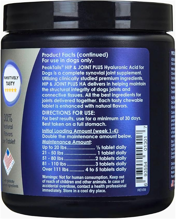 KALA HEALTH PeakTails Hip & Joint Plus HA for Dogs – 90 Tablets, Glucosamine, Chondroitin, OptiMSM, Vitamin C & Hyaluronic Acid – Supports Joint Mobility & Comfort