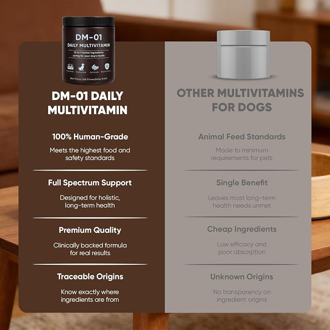 DM-01 Daily Multivitamin, Multivitamin Itch Relief Chews for Dog, with Folic Acid, Salmon Oil, Chondroitin & Natural Vitamins, Skin and Coat Healthy, Digestive & Boost Immunity, 60 Chew (Beef)