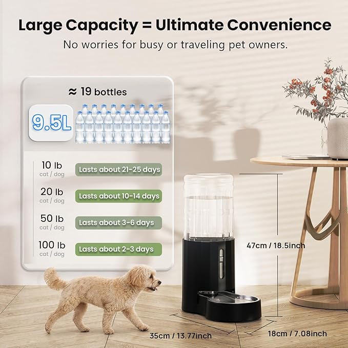 CZPET Dog Water Bowl Dispenser 9.5L, Wider Mouth & Upgraded Brush, Easy Cleaning Automatic Cat Gravity Refilling Waterer with Removable Stainless Steel Bowl, Large Drinking Area for Multi-Pet (Black)