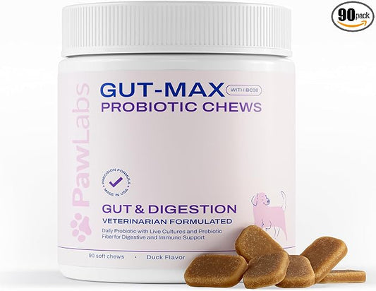 PAWLABS Gut Max Probiotic Chews - Natural, Vet Formulated Digestive & Immune Support - Relieves Diarrhea, Constipation - with Patented BC30™ Bacillus Coagulans - Duck Flavor - 90 Soft Chews