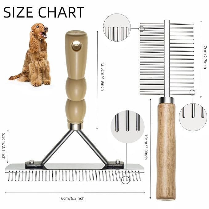 Undercoat Rake for Dogs, 3 Pack Extra-Large Rake Comb Set Long Tooth Undercoat Brush & Flea Comb, Long Hair Dog Combs for Grooming Shedding German Shepherd Horse Great Pyrenees
