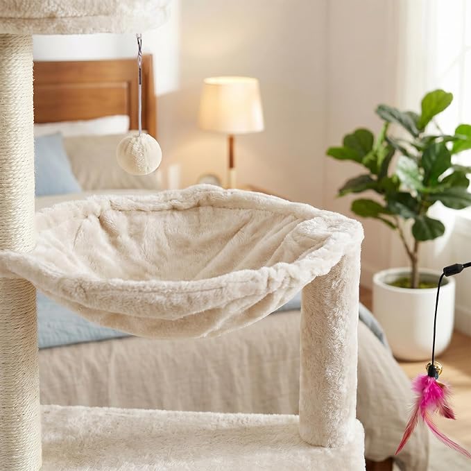 商品图片 YUNIQUE Multi-Functional Cat Tree Tower, Big Cat Condo with Scratching Board, Rotating Toy & Deep Hammock, Luxury Perch Kitty Furniture for Indoor Cats (White)