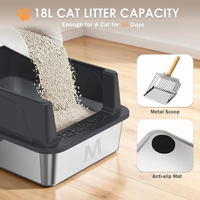 Stainless Steel Litter Box, 17.4'' x 13.5'' x 8.5'' Metal Kitty Litter Box for Small Cats Kitten High Sided Litter Boxs with Scoop Open Top Low Entry Easy to Clean Non-Sticky Anti-Leakage
