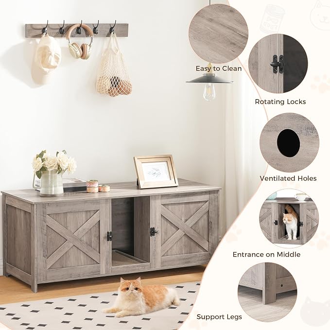 MAHANCRIS Cat Litter Box Enclosure for 2 Cats, 47.2" Hidden Cat Litter Box Furniture with Double Room, Wooden Washroom Cabinet with Scratching Board, Indoor House End Table, Greige CWHG1201