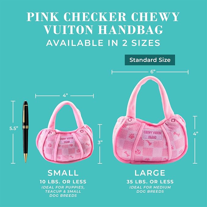 Haute Diggity Dog Chewy Vuiton Handbag Plush Squeaky Dog Toy, Soft Durable Designer-Inspired Stuffed Puppy Chew Toys for Small & Medium Dogs, Machine-Washable (Pink Checker) Large