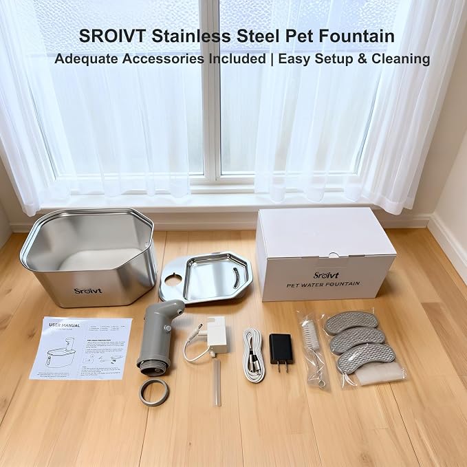 Cordless Cat Water Fountain Stainless Steel - Stainless Steel Cat Water Fountain Cordless - Water Fountain for Cats - Wireless Pet Water Fountain - Motion Sensor/Battery Operated 2.6L,4 Filters
