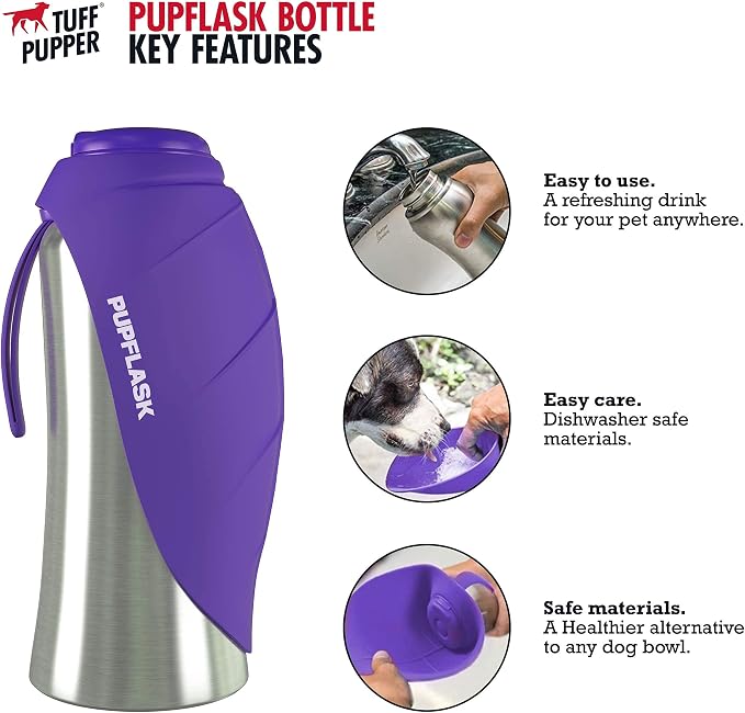 Tuff Pupper Retractable Dog Leash and 27oz Pupflask Portable Water Bottle - Violet