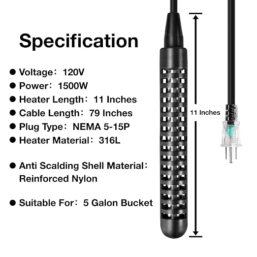 GRILLME 1500W Immersion Water Heater with Intelligent Temperature Controller,Fully Submersible Portable Electric Heater,5 Galons Bucket Heater,Corrosion Preventive 316L Shel,Easy and Convenient to Use