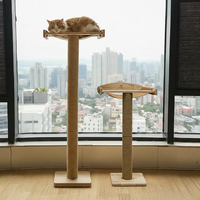 47.3'' Cat Tree Window Sill Perch with Tall Vertical Scratching Post Height-Adjustable Indoor Hammock Bed for Large Cats Suction Cup Climbing Tree Tower for Sunbathing & Bird Watching (Light Wood, M)