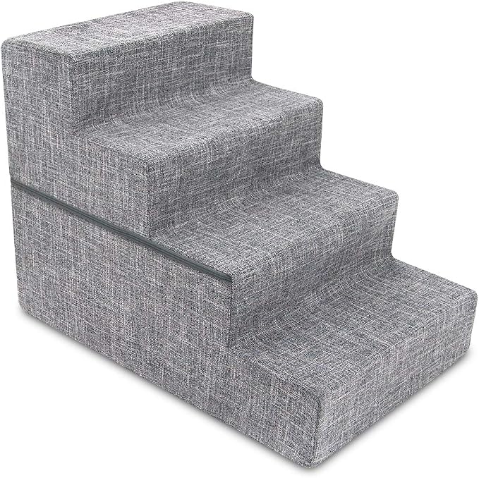 Best Pet Supplies Round Bed for Pet, 4-Step Pet Stair, Grey Linen (Foldable)