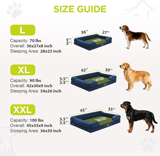 Orthopedic Memory Foam Dog Bed, 42x30, Waterproof for Large Dogs | Removable, washable cover • Waterproof memory foam liner • Bolstered couch design for joint relief • Includes tennis ball toy