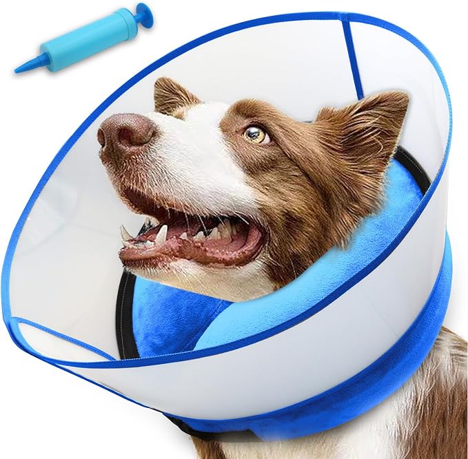 2-in-1 Inflatable Dog Cone Collar with Detachable Anti-Licking Shield, Soft Adjustable Elizabethan Collar for Dogs After Surgery (M, Blue)