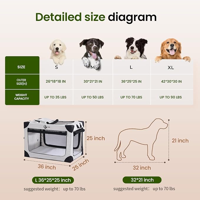 Portable Collapsible Dog Crate for Large Dogs, 4 Mesh Doors & 2 Storage Bags, Indoor Outdoor Travel Dog Kennel, Grey, 36" x 25" x 25"