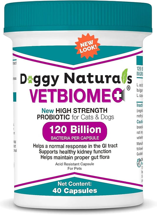 Vetbiome +® Plus High Strength Probiotics for Pets (40 Capsules) - 120 Billion CFU, 9 - Strain Formula – Third Party Tested - Made in U.S.A