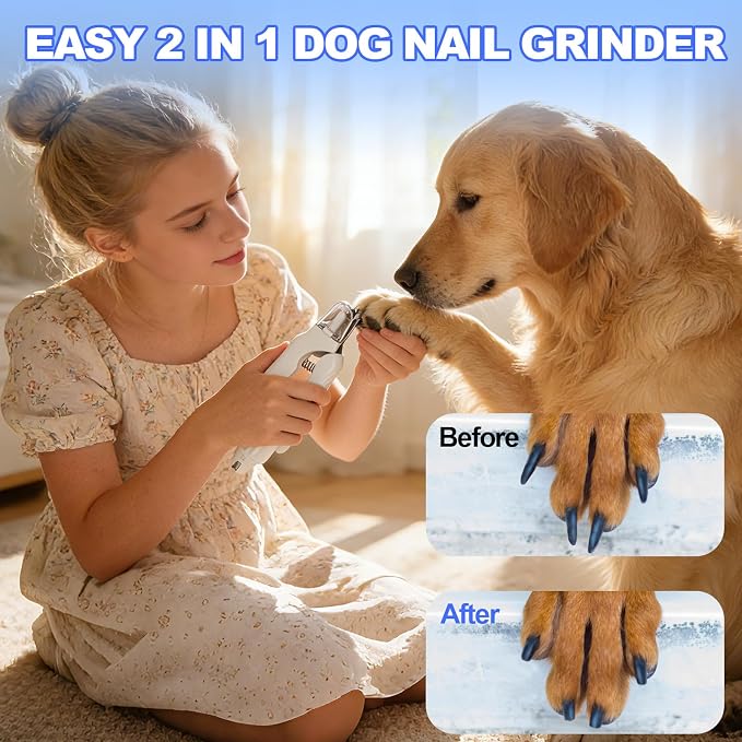2-in-1 Dog Nail Clippers with Light - Electric Pet Nail Grinder Quiet for Small Large Dogs & Cats, LED Prevent Over Cutting, USB-C Rechargeable Safety Guard Grooming Kit for Black Nails-3VX