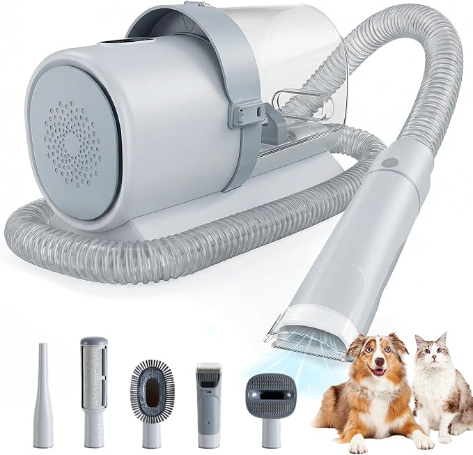DUMOS Pet Grooming Vacuum Kit, 3 Adjustable Suction Modes Dog Hair Clipper, 5 Professional Grooming Tools with Low Noise Cat Hair Clippers, 2.5L, Gray