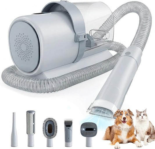 DUMOS Pet Grooming Vacuum Kit, 3 Adjustable Suction Modes Dog Hair Clipper, 5 Professional Grooming Tools with Low Noise Cat Hair Clippers, 2.5L, Gray