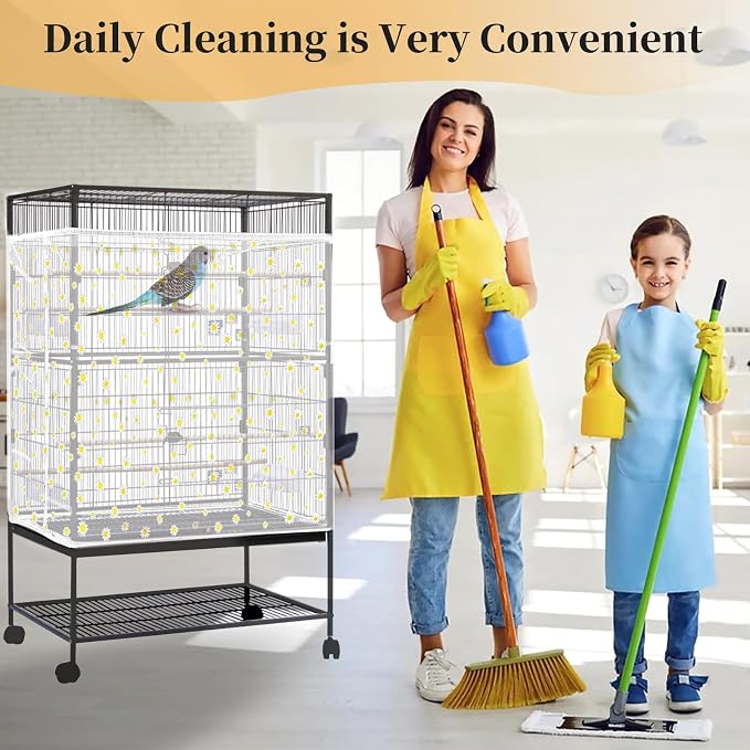 Daoeny 2PCS Bird Cage Seed Catcher, Large Bird Cage Cover, Adjustable Soft Airy Nylon Mesh, Birdcage Cover Skirt Seed Guard for Parrot Parakeet Macaw Round Square Cages (Black & White Daisy)