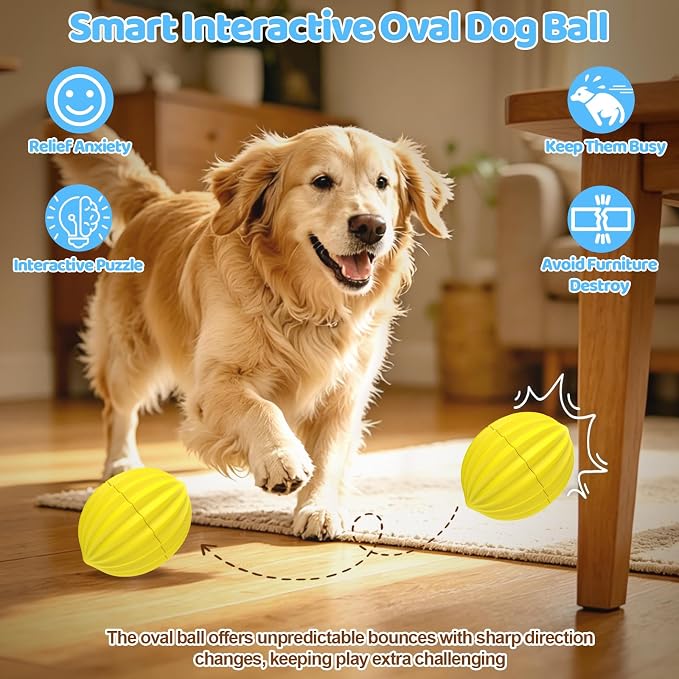 Yipetor Smart Interactive Dog Toy Ball,【Alemon Balls】 Automatic Moving Vibrating Oval Dog Ball, Gentle Bouncing & Self Rotating, Type-C Rechargeable Dog Toys to Keep Medium Large Dogs Busy, 3 Inch