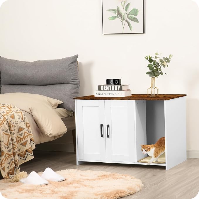 DWANTON Litter Box Enclosure, Cat Litter Box Furniture Hidden, with Scratching Mat, Wooden Cat Washroom Indoor, 31.5" L x 19.7" W x 21.7" H, White and Rustic Brown