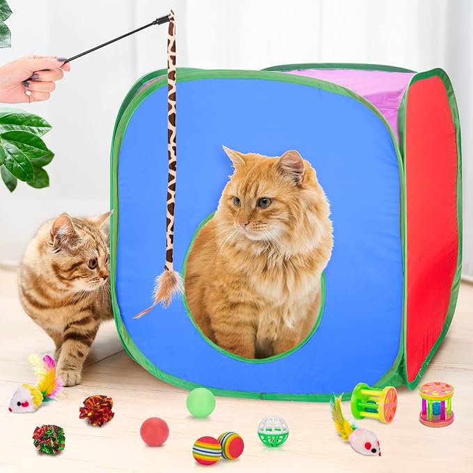 Retro Shaw Cat Toys Pack 33Pcs, Interactive Kitten Toys for Indoor Kittens Cats, Collapsible Kitty Play Tunnel Tent Feather Wand Balls Bell Springs Mouse Kitty Toys for All Breeds (Large Tunnel)
