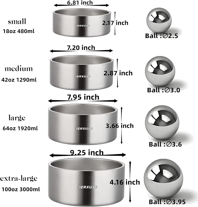 Stainless Steel Dog Slow Feeder Set – 2-in-1 Pet Bowl 42oz & Slow Feeder Ball 3in – Spherical Design Slows Eating & Use Separately or Together (Medium)