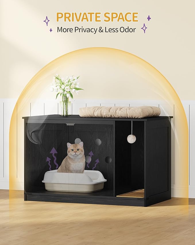 Hzuaneri Cat Litter Box Enclosure, Hidden Litter Box Cabinet Furniture with Bell, Indoor Cats House, Farmhouse Style, 39.4 x 21.7X 24.8 Inches for Hallway, Bedroom, Black CB85204X