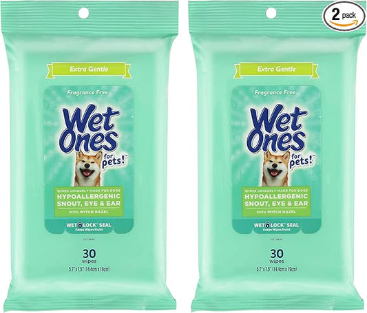 Wet Ones for Pets Extra Gentle Dog Wipes with Witch Hazel - Fragrance-Free, Hypoallergenic Pet Grooming Wipes for Snout, Eye, and Ear Areas, Sensitive Skin, 30 Count - 2 Pack