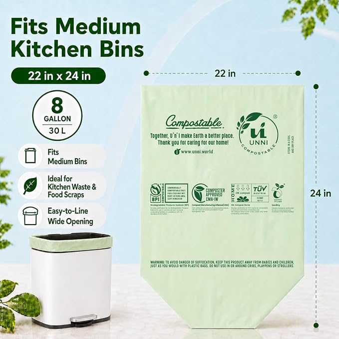 UNNI Compostable Trash Bags, 8 Gallon / 30 Liter, 200 Count Value Pack, Extra Thick 0.85 mil Medium Kitchen Food Scrap Bin Liners, BPI, CMA & OK compost HOME Certified (Meets ASTM D6400)