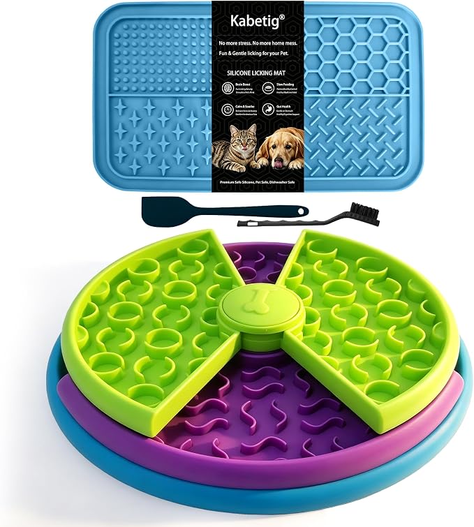 3-Level Slow Feeder Dog Bowl, Rotating Maze + Calming Lick Mat | 2-in-1: slow feeder slows 10x, reduces boredom; calming lick mat sticks to wall for alone/travel. With spatula/brush,BPA-free