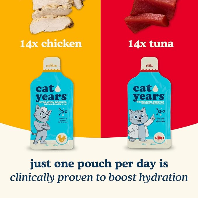 Cat Years Daily Lickable Cat Treat, Squeezable Hydration Booster, Supplement for Cats (Chicken & Tuna (Pack of 28))