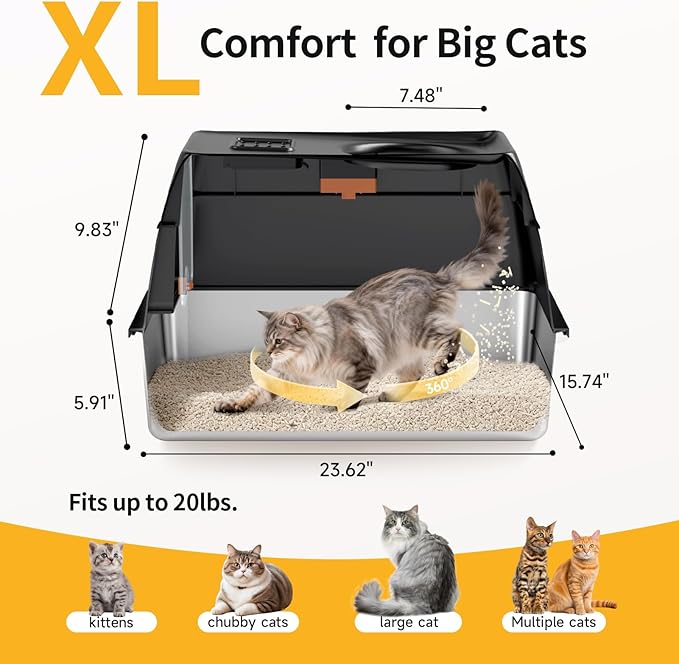 Extra Large Stainless Steel Litter Box with Lid, High Sided Enclosed Metal Cat Litter Pan, Dog Proof Front Entry Top Exit, Odor Control Easy Clean Leak Proof, Includes Scoop & Step, Black