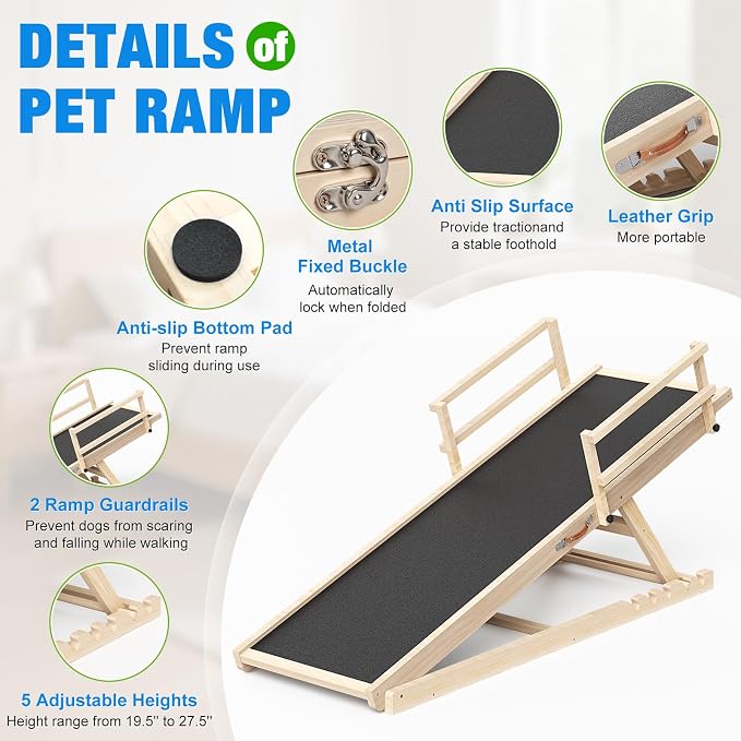Tresbro Dog Ramp for High Bed, 55.11'' Long 19.3''-27.17'' Adjustable Height Pet Ramp with Anti-Slip Mat & Side Rails, Wooden Portable Ramp for Small to Large Dogs to Get on Bed, Couch, Up to 200LBS