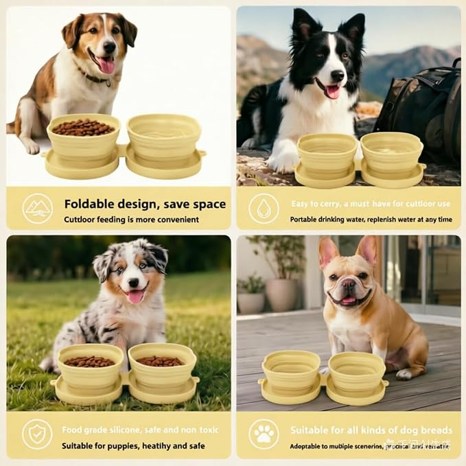 Portable Collapsible Dog Bowl, 2-in-1 Foldable Pet Feeding & Water Dish with Carabiner Lightweight Travel Bowl for Dogs & Cats, Perfect for Walking, Hiking, Camping (Yellow)