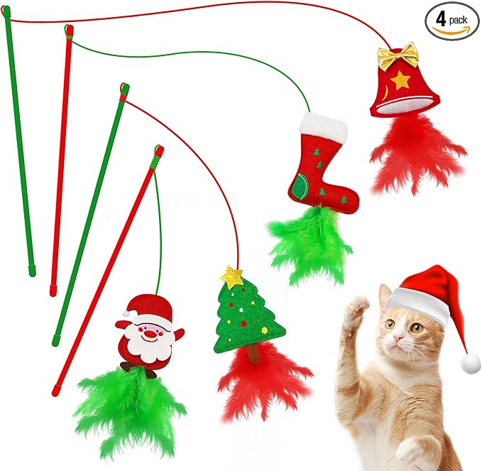 Christmas Cat Toys，4 Pack Cat Wand Toys for Indoor Cats Gifts with Catnip and Feathers, Wand for Cats and Kitten