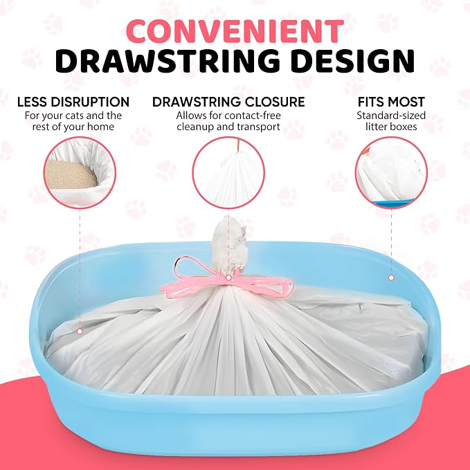 Cat Litter Box Liners 30 Count Drawstring Kitten Waste Bag | leak proof, heavy duty, scratch resistant, litter tray liner, kitty clean up, rabbit litter liner, extra large size