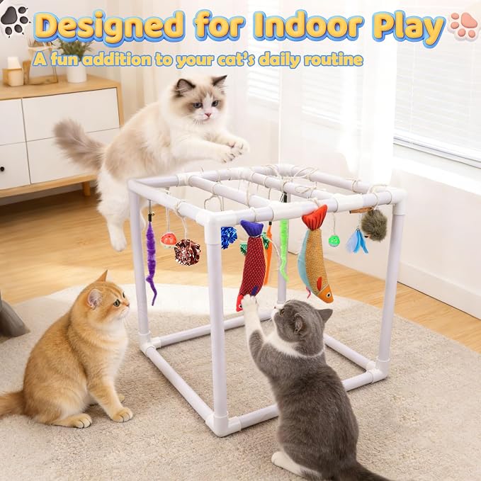 BABORUI Cat Play Gym, Indoor Hanging Activity with 15 Toys, Cat Toys to Keep Them Busy, Adjustable Cat Playground for Indoor Cats at Home