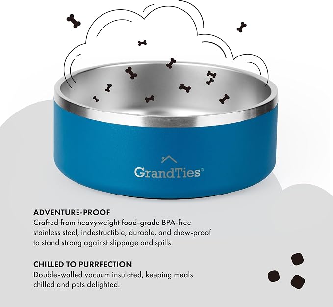 GrandTies Stainless Steel Dog Bowl | Engraved Reusable BPA-Free Insulated Cat & Dog Bowls | Large Heavy Duty Non Skid Spill Proof Bowl | Outdoor Dog Water Bowl (42oz, Cobalt Blue)