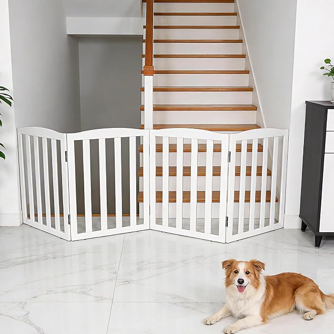 Freestanding Dog Gate Indoor,Doggie Gate Foldable Pet Gates for Doorways,Stairs or Hallways, Wooden White Pet Gate for the House, Pet Fence,24 "Height-4 Panels
