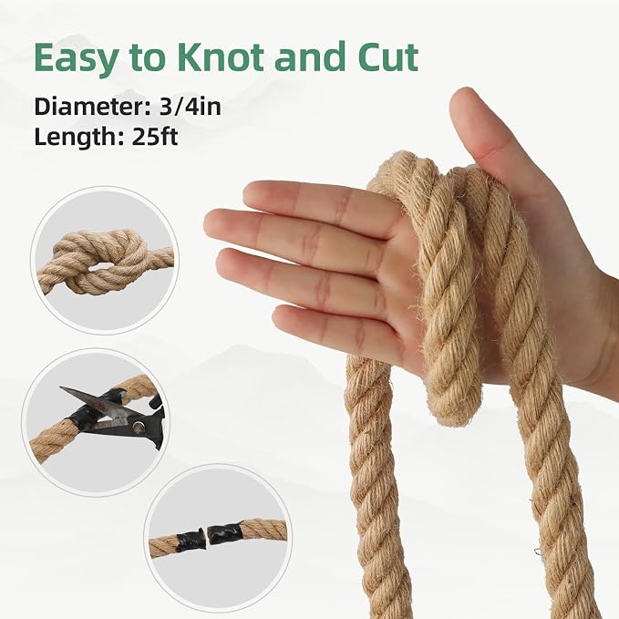 Jute Rope 3/4 in×25 ft Natural Material Heavy Duty Jute Rope Twisted for Indoor Outdoor Crafts, Nautical, Tug of War, Railing, Hammock, Swing, Gardening