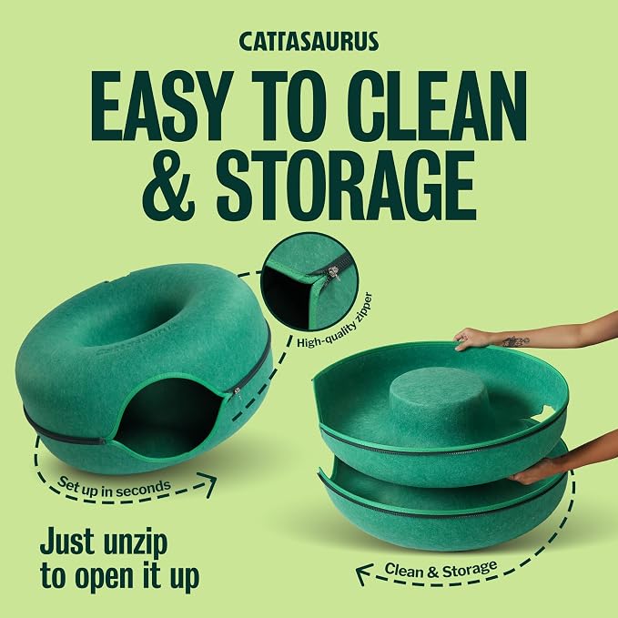 Cattasaurus Peekaboo Cat Cave Donut for Multiple & Large Cats up to 30-45 lbs, 3-in-1 Self Warming Cat Bed, Tunnel & Scratcher for Indoor Cats, Washable & Detachable Dog Bed (Forest Green, Large)