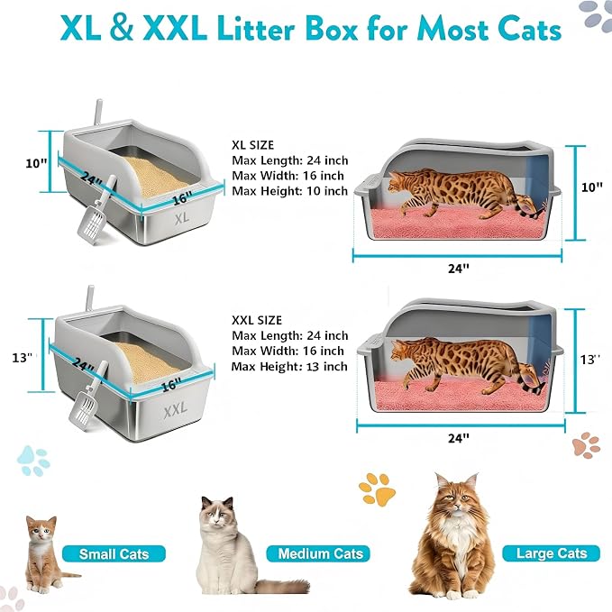 2PACK Stainless Steel Litter Boxes with Lid Extra High Sides, XXL Metal Litter Boxes for Big Cats, Odor Free Litter Pan Include Scoop, Leak-Proo, Stain-Free, Rust-Free, Easy to Clean, Non-Sticky