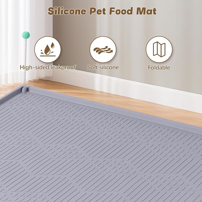Cat Food Mat with Toy Ball, 34'' x 22'' Extra Large Silicone Pet Feeding Mat with Raised Edge Pet Placemat for Food and Water Bowl Non-Slip, Easy to Clean, Floor Protection (Grey)