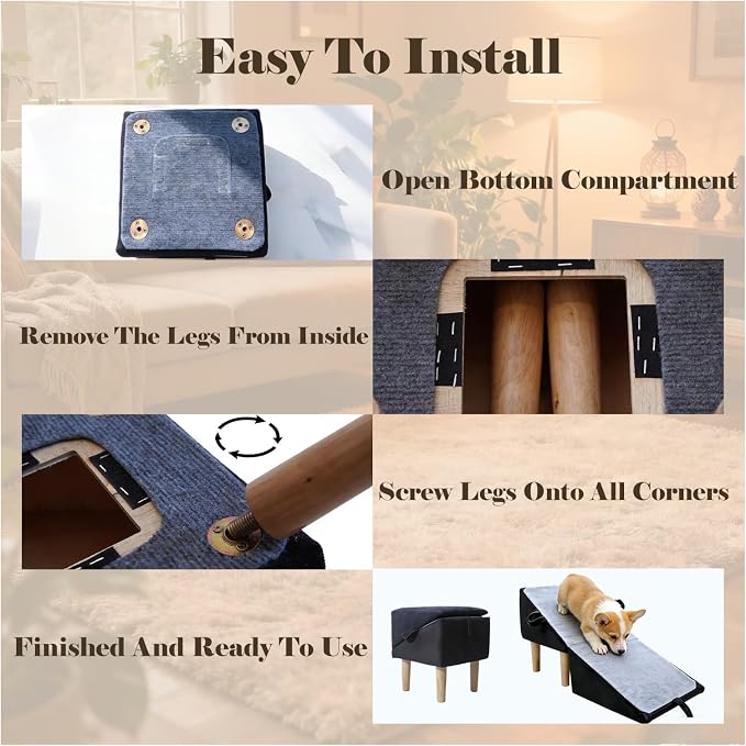 Split Ottoman Dog Ramp for Couch and Low Bed, 2-in-1 Foldable Dog Stairs for Small Dogs and Cats, Wooden Pet Ramp with Non-Slip Surface, Portable Step Stool Design, Black