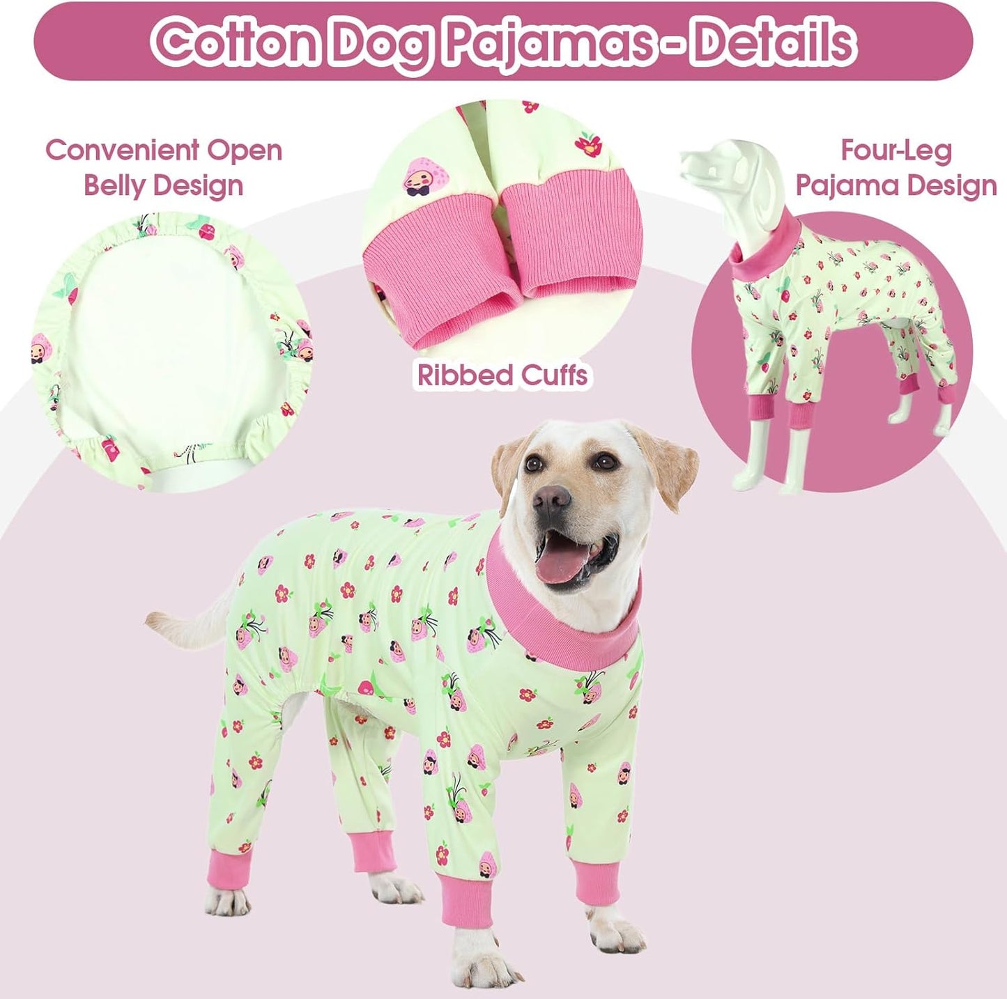 4-Legged Dog Pajamas for Medium & Large Dogs - Soft Cotton Dog Pjs Onesie with 4-Way Stretch, Cozy Breathable Pet Sleepwear for Cold Weather & Indoor Lounging - Green 3XL