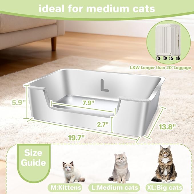 Low Entry Litter Box for Senior or Disabled & Injured Cats, Stainless Steel High Sided Enclosed Easy Step in Entry-Metal Kitty Litter Box for Kittens, Odor Control (19.7”x13.8”x5.9”)