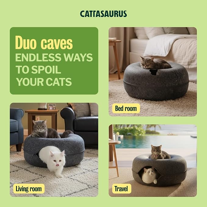 Cattasaurus Peekaboo Cat Cave Donut for Multiple & Large Cats up to 30-45 lbs, 3-in-1 Self Warming Cat Bed, Tunnel & Scratcher for Indoor Cats, Washable & Detachable (Dark Gray + Dark Gray, Large)