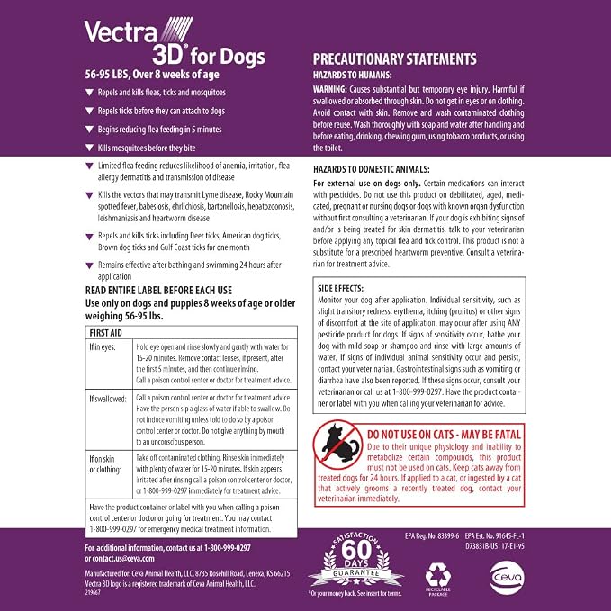 Vectra 3D Flea and Tick Prevention for Dogs, Kills and Repels Fleas, Ticks & Mosquitoes | Fast‑Acting, Waterproof, No Prescription Needed | Large Dogs 56–95 lbs, 6‑Month Supply