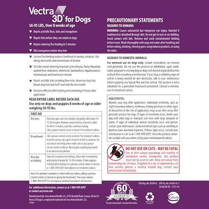 Vectra 3D Flea and Tick Prevention for Dogs, Kills and Repels Fleas, Ticks & Mosquitoes | Fast‑Acting, Waterproof, No Prescription Needed | Large Dogs 56–95 lbs, 3‑Month Supply