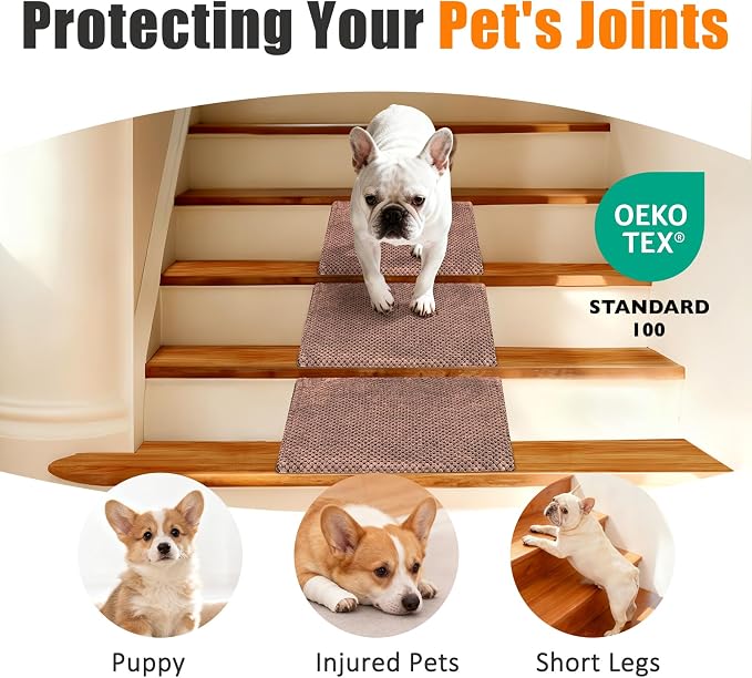 Dog Ramp for Stairs for Small & Senior Dogs and Cats – Non-Slip Stair Wedges for Dogs with Gentle Slope, Pet Ramp with Washable Cover & Self-Sticky Pads for Safe Climbing (Brown, 1 Pack)